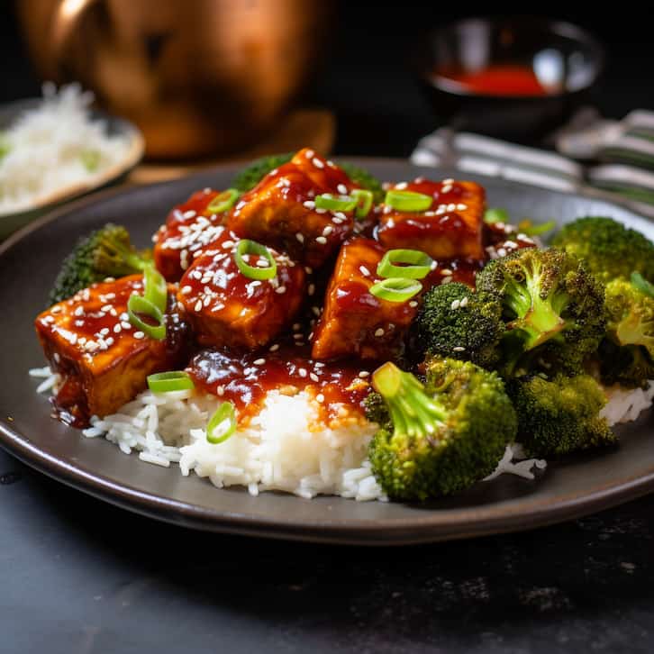 Tofu with Gochujang Glaze over White Rice and Broccoli Myomeals