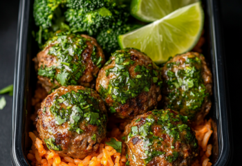 Cuban Mojo Ground Beef Meatballs Paired with Hispanic Rice and Broccoli