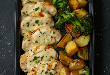Creamy Chicken and Garlic Potatoes with Steamed Broccoli