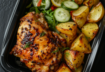 Lemon and Herb Chicken over Potatoes and Cucumber Lemon Salad