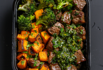 Chimichurri Steak Bites Paired with Roasted Potatoes and Broccoli