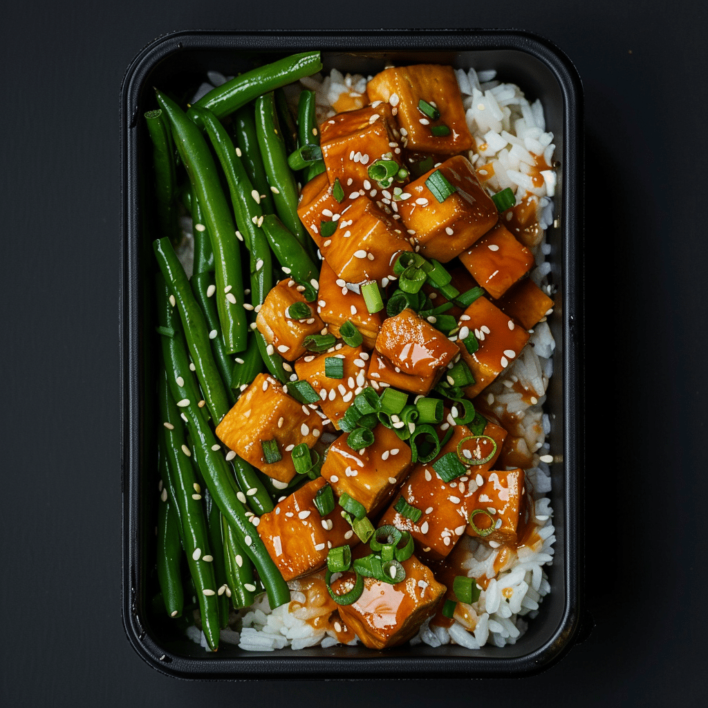 Sweet and Sour Glazed Tofu Bites over Rice and Garlic Green Beans