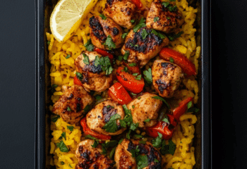 Chicken Shish Taouk Kebab over Saffron Rice and Bell Pepper