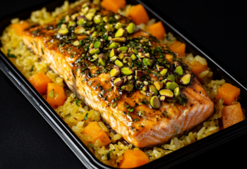 Balsamic Pistachio Coated Salmon over Saffron Rice