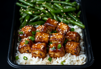 Teriyaki Tofu Bites over Coconut Rice and Garlic Green Beans