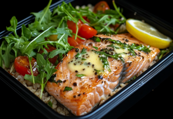 Baked Salmon with a Butter Lemon Cream Sauce over Couscous and Arugula Salad