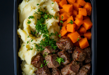 Lemon Pepper Steak Bites Paired with Mashed Potatoes and Carrots