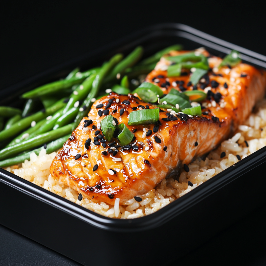 Teriyaki Salmon over Coconut Rice and Garlic Green Beans