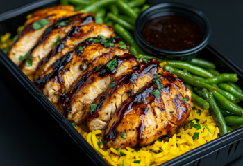 Balsamic Chicken over Lemon Herb Saffron Rice and Green Beans