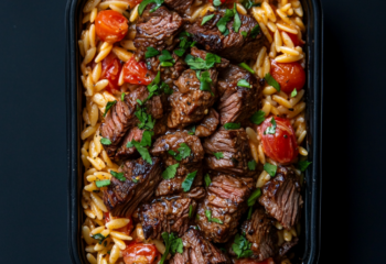 Steak Bites over Tomato Cajun Orzo