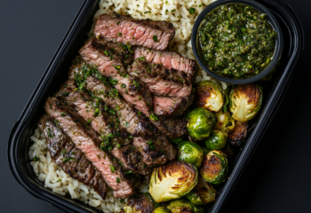 Chimichurri Flank Steak Strips over Herb Rice and Brussel Sprouts