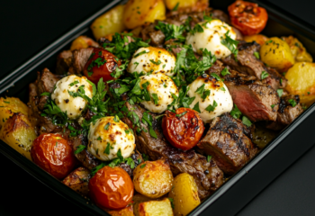 Grilled Flank Steak Caprese over Roasted Potatoes