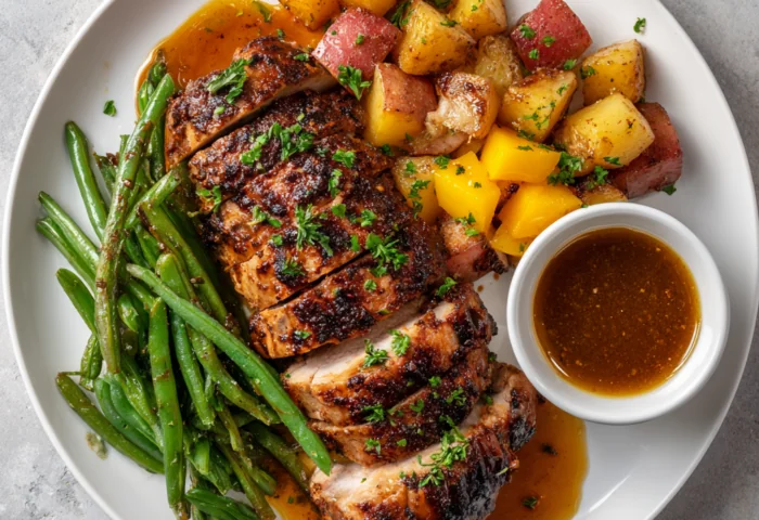 Garlic-Herb Roasted Pork Loin with Peach Sauce