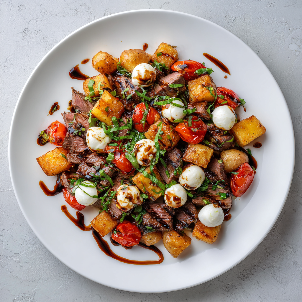Flank Steak Caprese over Roasted Potatoes