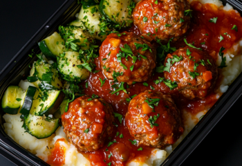 Marinara Turkey Meatballs over Mashed Potatoes and Zucchini