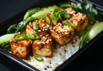 Miso Yuzu Tofu Bites over White Rice and Bok Choy