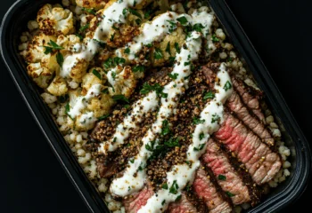 Grilled Moroccan Steak over Israeli Couscous and Cauliflower