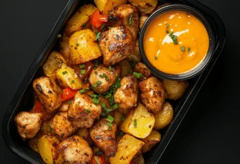 Smokey Chicken Bites with Bell Peppers over Patatas Bravas