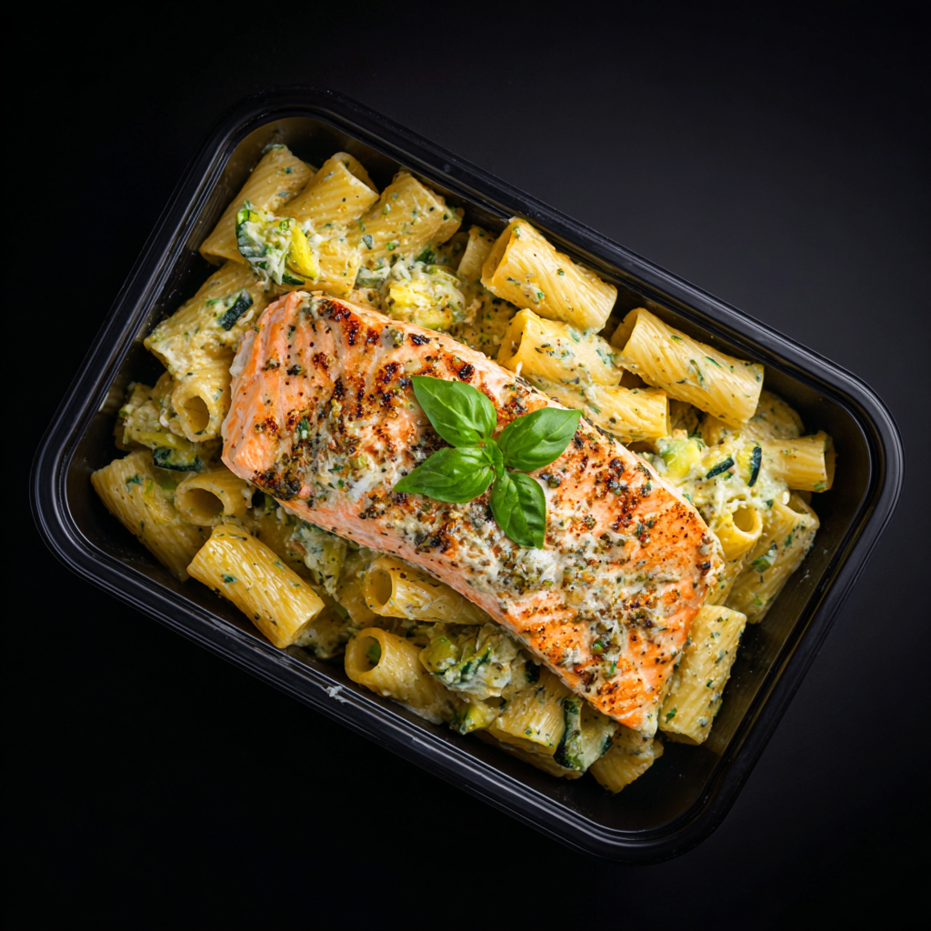 Creamy Pesto Salmon Rigatoni Pasta | Healthy Lunch & Dinner Delivery Chicago | MyoMeals