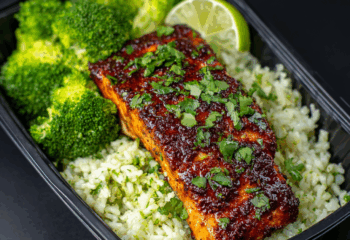 Blackened Honey Glazed Salmon over Cilantro Rice and Broccoli