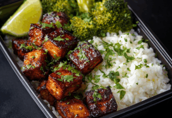 Blackened Honey Glazed Tofu over Cilantro Rice and Broccoli