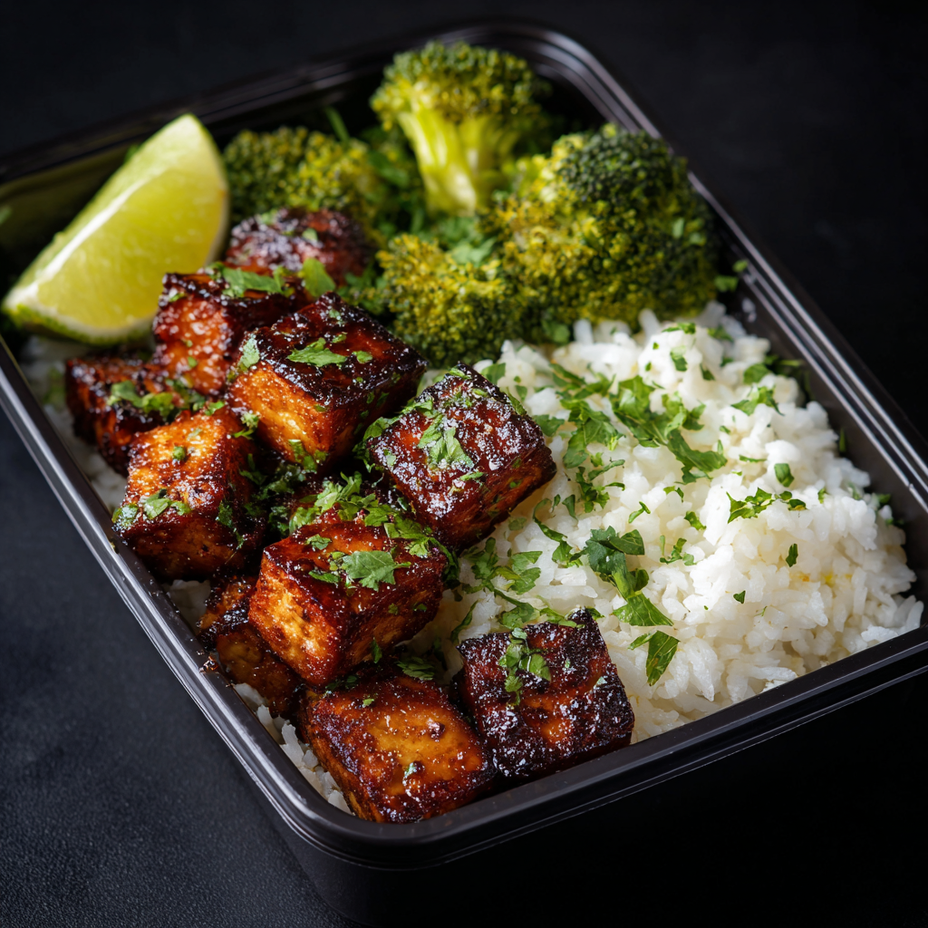Blackened Honey Glazed Tofu over Cilantro Rice and Broccoli