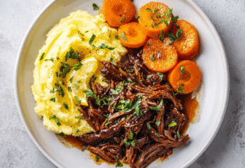 Shredded Balsamic Beef with Mashed Potatoes and Carrots