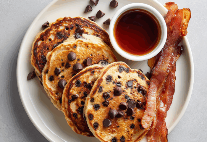 Chocolate Chip Protein Pancakes with Turkey Bacon