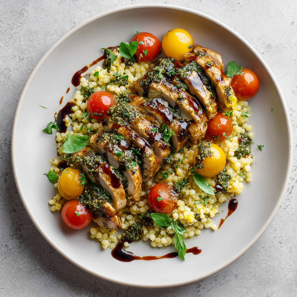Balsamic Pesto Glazed Chicken over Couscous and Cherry Tomatoes