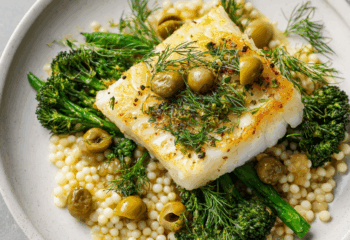 Lemon Dill Cod over Pearl Couscous and Broccolini