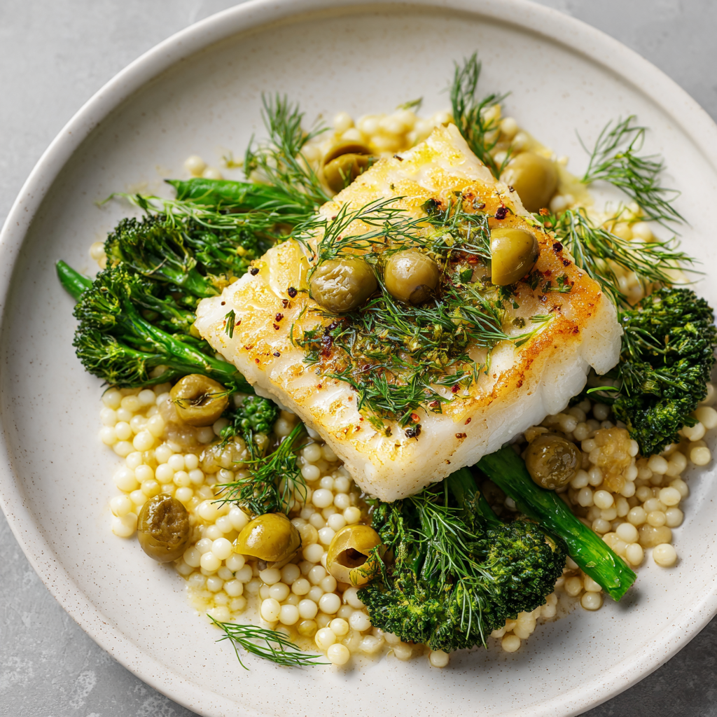 Lemon Dill Cod over Pearl Couscous and Broccolini