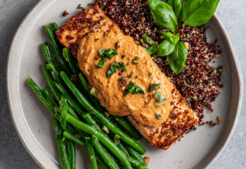 Salmon Romesco over Quinoa and Green Beans