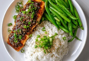 Thai Chili Salmon over Steamed Rice and Green Beans