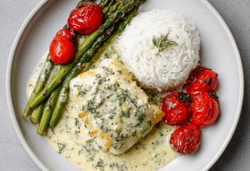Creamy Dill Cod with Steamed Rice and Asparagus Creamy Dill Cod with Steamed Rice and Asparagus