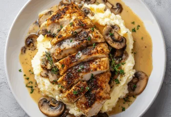 Mushroom Sliced Chicken over Mashed Potatoes