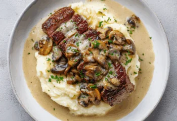 New York Mushroom Strip Steak over Mashed Potatoes
