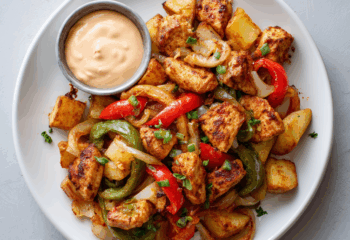 Smokey Chicken Bites with Bell Peppers over Patatas Bravas