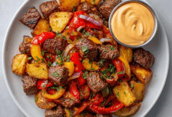 Smokey Steak Bites with Bell Peppers over Patatas Bravas