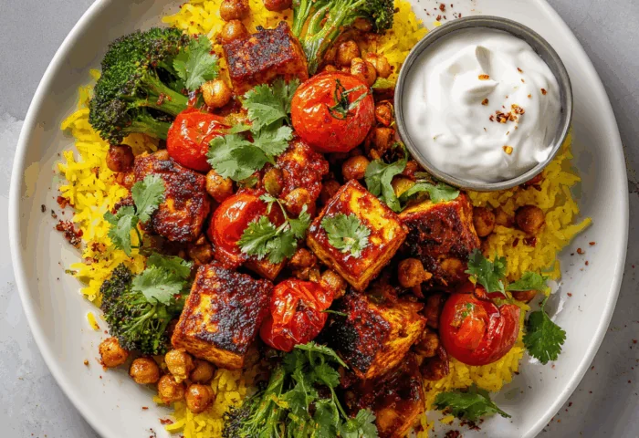 Harissa Tofu Bites with Saffron Rice