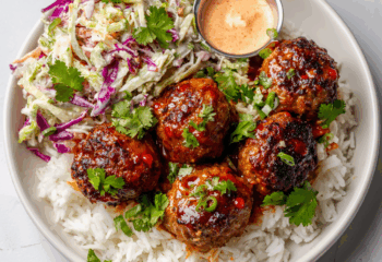 Firecracker Beef Meatballs with Broccoli Slaw