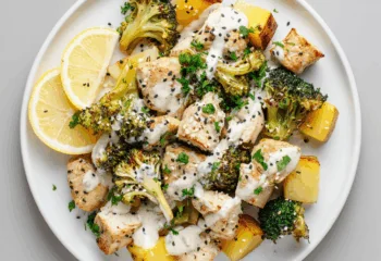 Tahini Lemon Chicken Bites over Roasted Potatoes