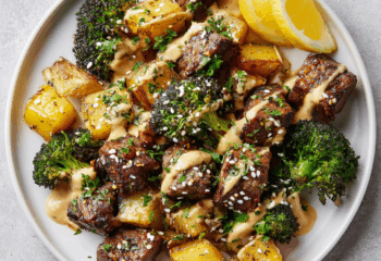Tahini Lemon Steak Bites over Roasted Potatoes