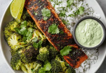 Blackened Honey Glazed Salmon over Cilantro Rice and Broccoli