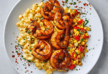 Hot Honey Shrimp Mac n' Cheese with Corn Salsa
