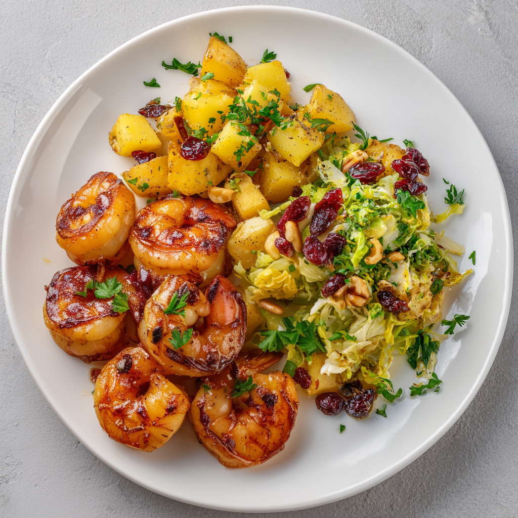 Honey Dijon Shrimp with Potatoes and Shaved Brussel Sprout Slaw