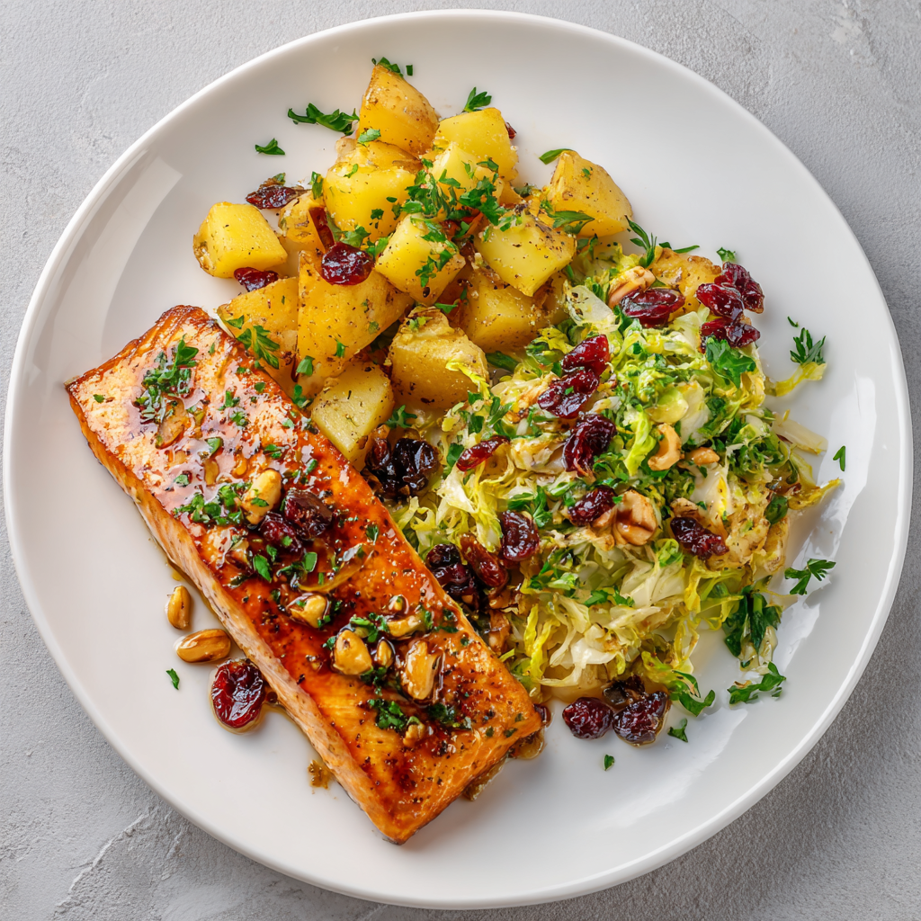 Honey Dijon Salmon with Potatoes and Shaved Brussel Sprout Slaw