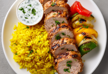 Pork Souvlaki with Saffron Rice