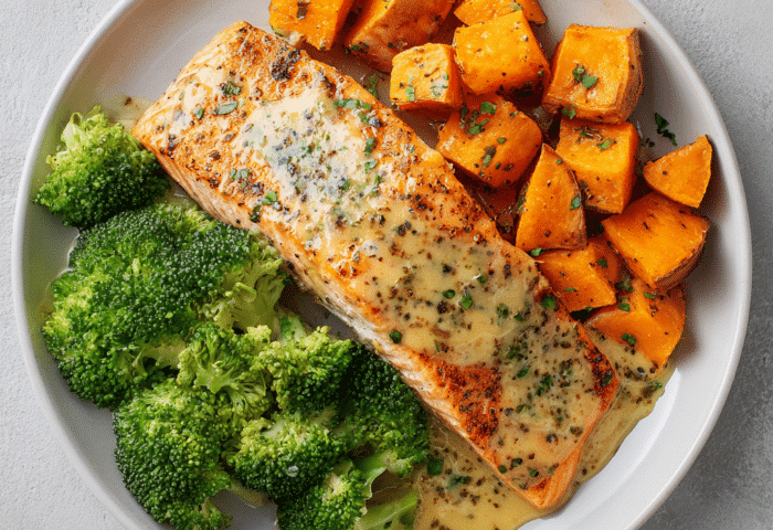 Honey Dijon Salmon with Sweet Potatoes and Broccoli