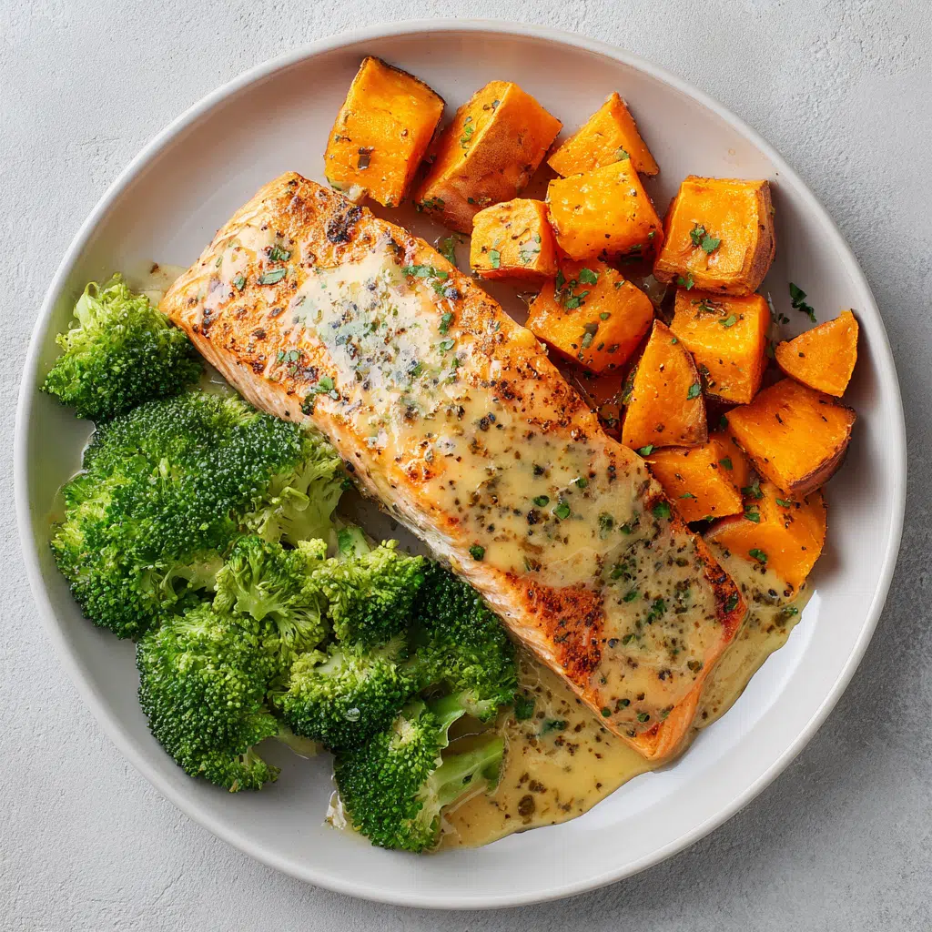 Honey Dijon Salmon with Sweet Potatoes and Broccoli