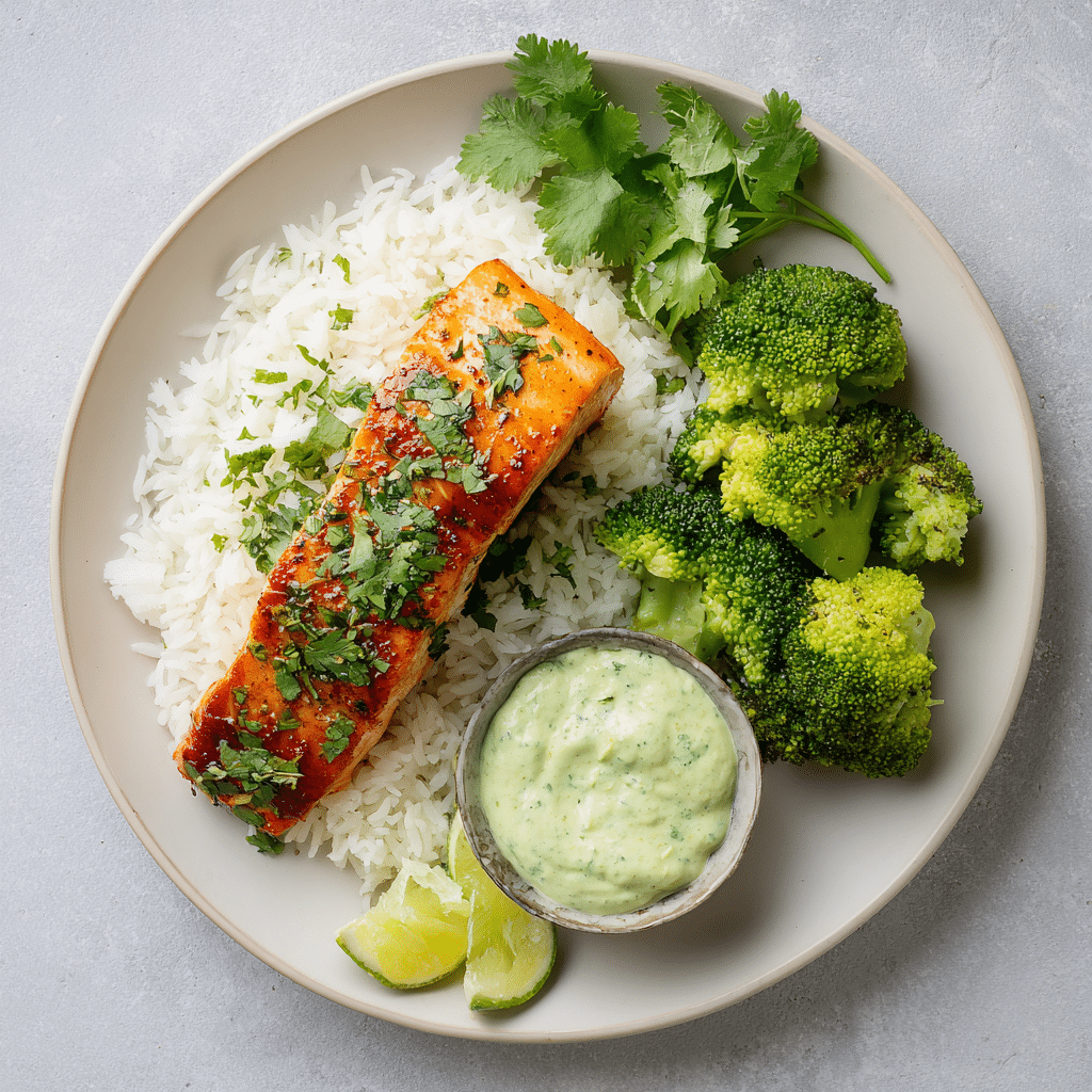 Honey Glazed Salmon over Cilantro Rice and Broccoli